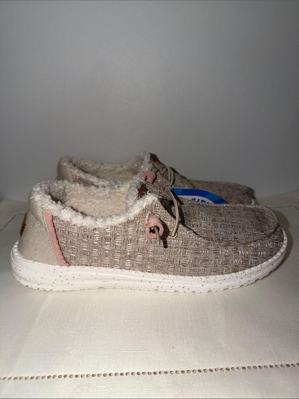 HEY DUDE 9 Wendy Warmth Natural Checkered Textured White Slip On Walking Shoes